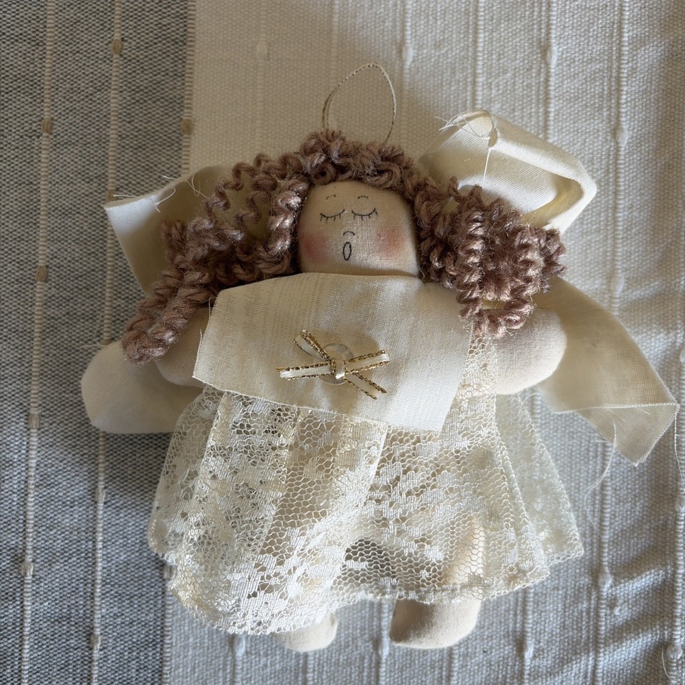 Handmade Fabric Angel Ornament Doll Lace Dress‎ Yarn Hair  Vintage Cottagecore